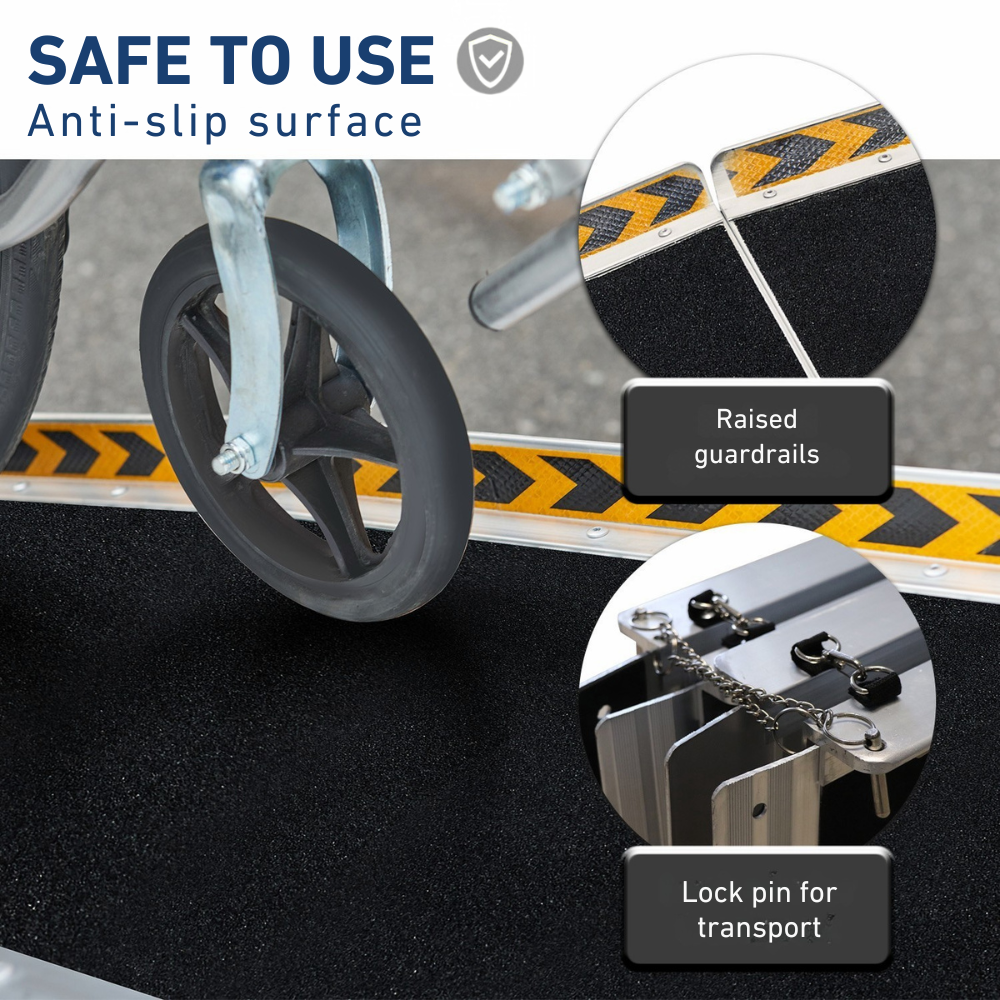 Infographic showing anti-slip texture, edge protection, and rubber-tipped feet, labelled "SAFE TO USE".