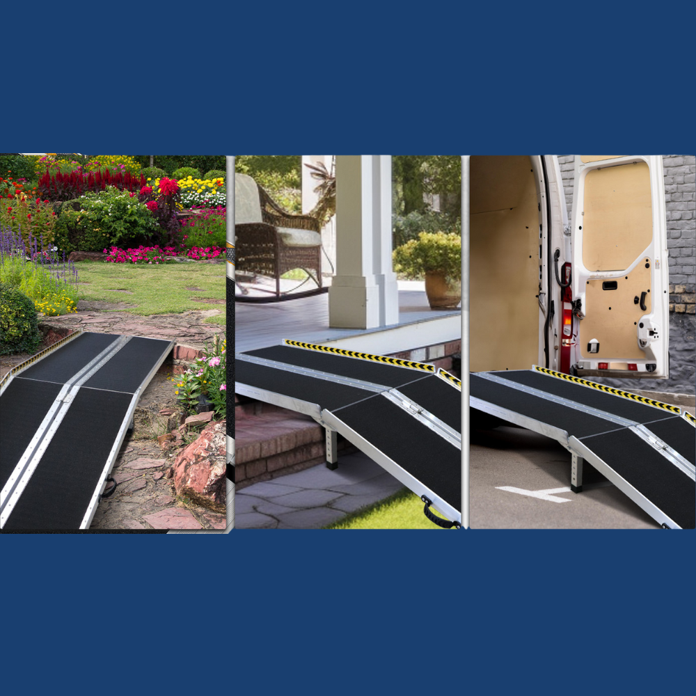 Two ramps in use at home entryway, assisting with mobility access across steps.