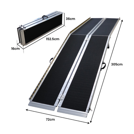Folded ramp with dimensions shown, indicating compact storage size and measurements.
