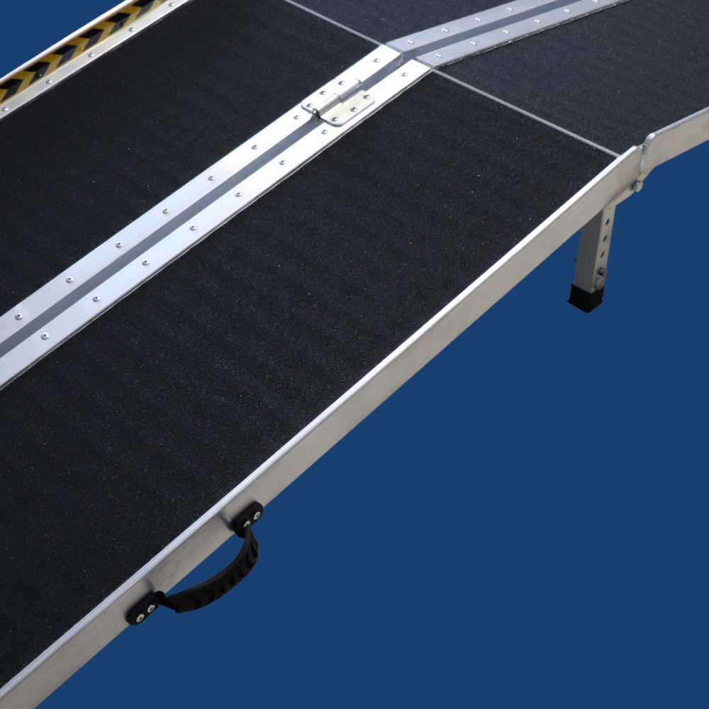 Close-up of anti-slip ramp surface and side guard rail, placed on a blue background.