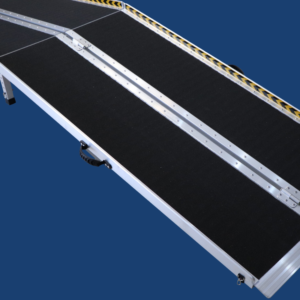 Side profile of the ramp unfolded, showing high-traction surface and side rails against a blue background.