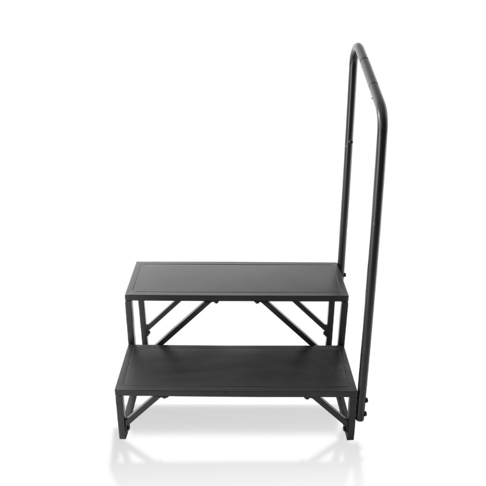Black metal step stool with a handrail on a white background