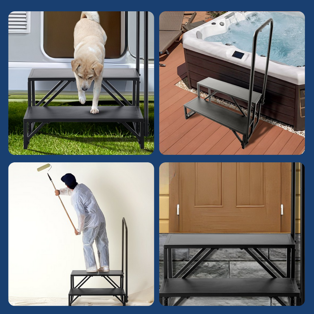 Collage of a step ladder being used in various settings including a dog, hot tub, golf course, and garage.