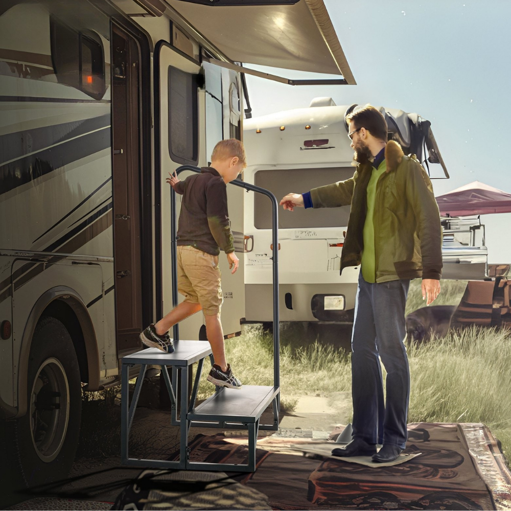 Man and child near an RV with step stool in a camping setting