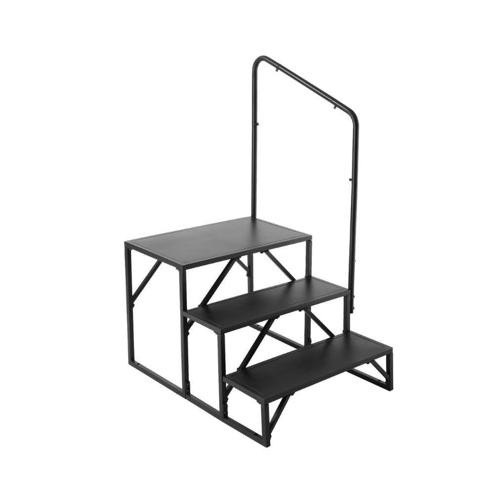 Black metal step ladder with handrail on a white background