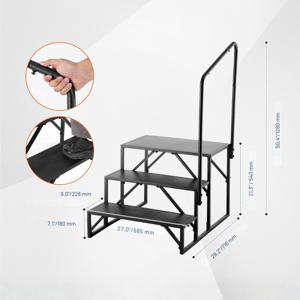 Black folding step stool with measurements on a white background