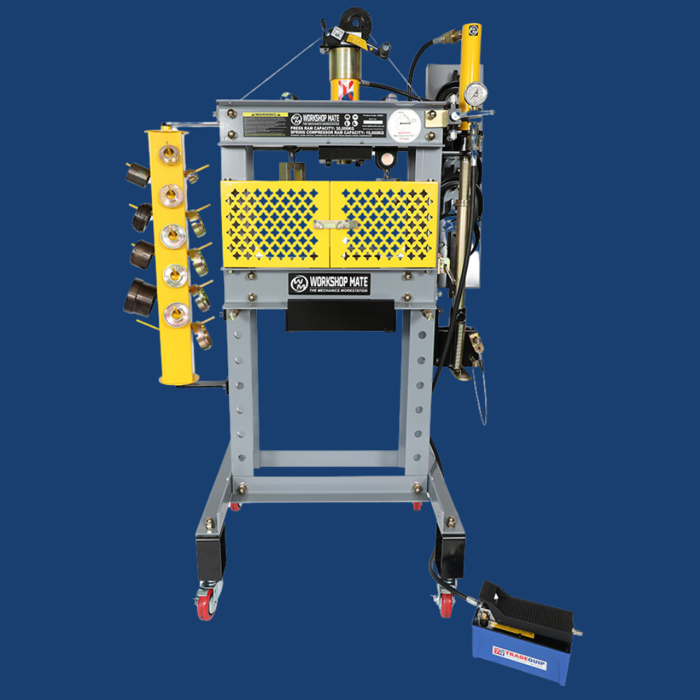 Side view of the machine with yellow die racks opened, revealing the accessible storage for crimping dies.