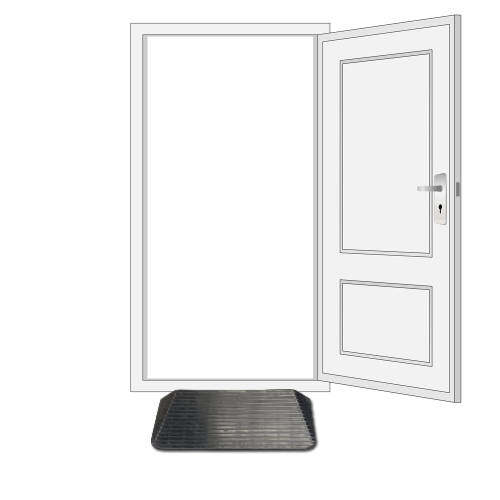 A black solid rubber wheelchair threshold door ramp with winged edges is placed on a doorway