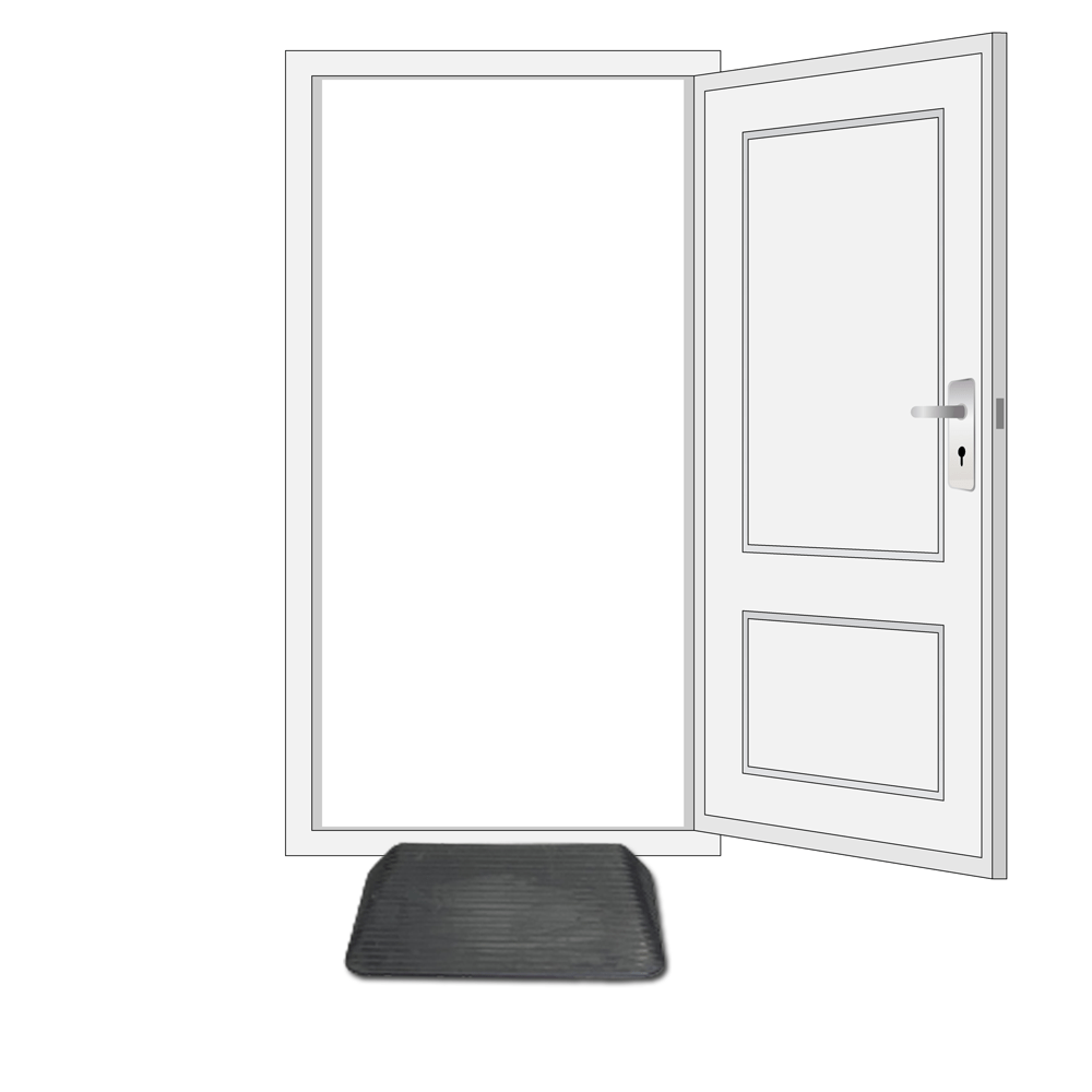 A black solid rubber wheelchair threshold door ramp with winged edges is placed on a doorway