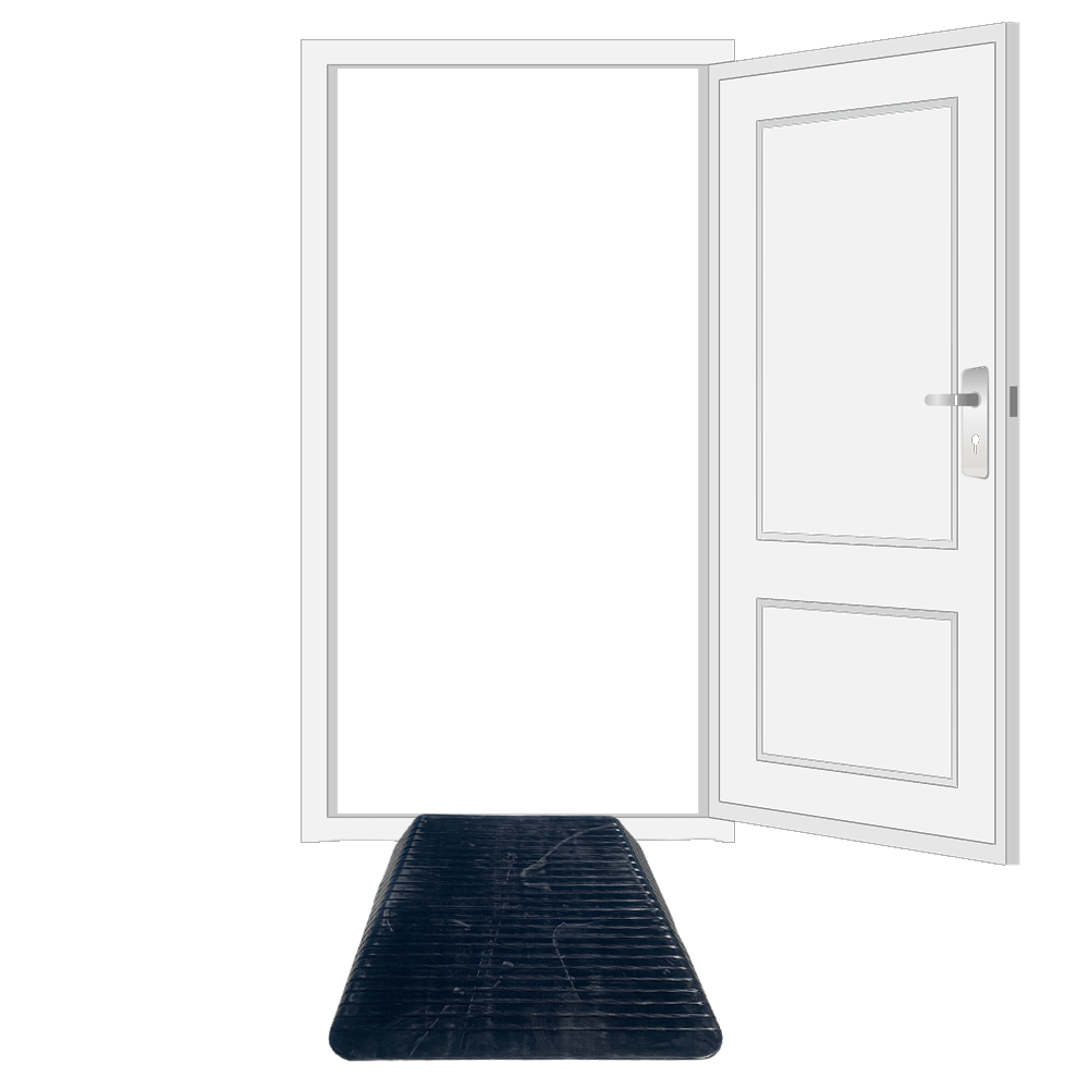 A black solid rubber wheelchair threshold door ramp with winged edges placed on a vector driveway