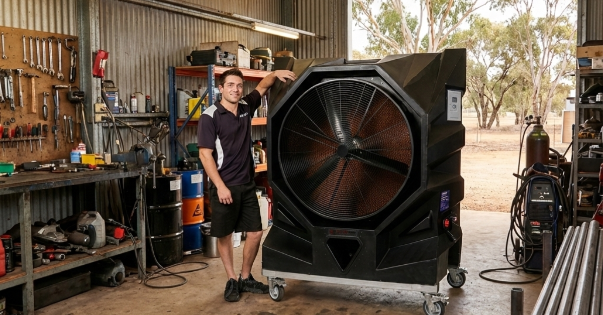A man poses next to a massive black industrial evaporative cooler inside a workshop filled with tools.