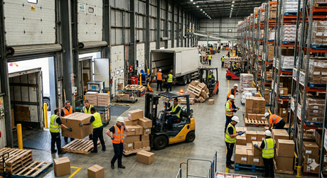 Busy warehouse with workers loading trucks, operating forklifts, and moving boxes among tall industrial storage racks.