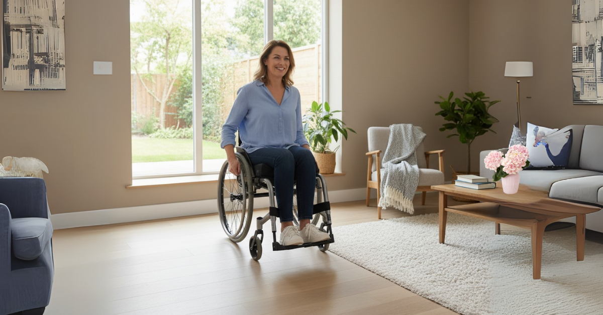 A smiling woman in a wheelchair moves across a bright living room with large windows, a rug, and indoor plants, demonstrating wheelchair accessibility inside the home.