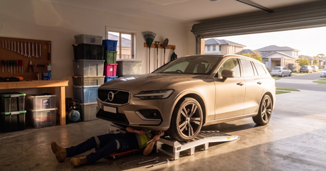 A mechanic on a creeper works under a Volvo wagon parked on metal ramps in a tidy, well-equipped home garage.