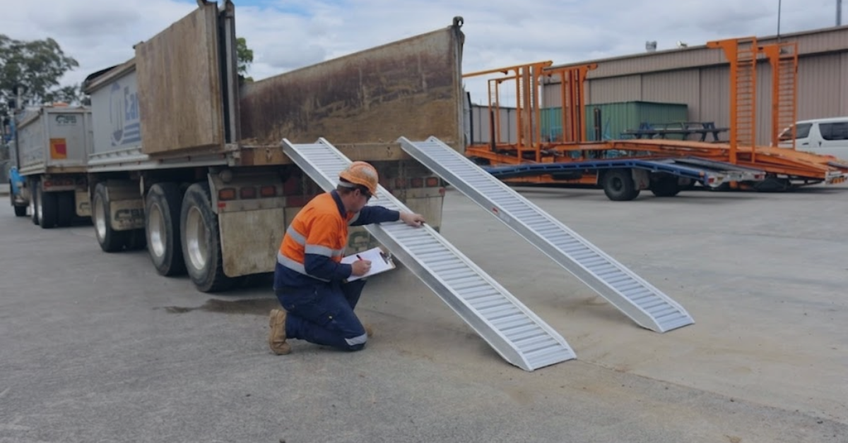 A worker in high-vis gear kneels by a truck bed, inspecting metal loading ramps with a clipboard.