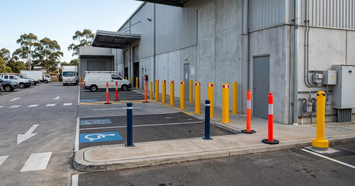 Yellow, blue and orange bollards line the footpath and parking bays outside a grey industrial warehouse. Accessible parking spaces are marked in blue, with vans, trucks and cars visible near the loading area.
