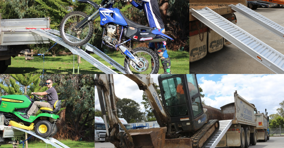 A collage showcasing different vehicles using aluminium loading ramps, including a dirt bike, lawn mower, and excavator being loaded onto trailers and trucks.