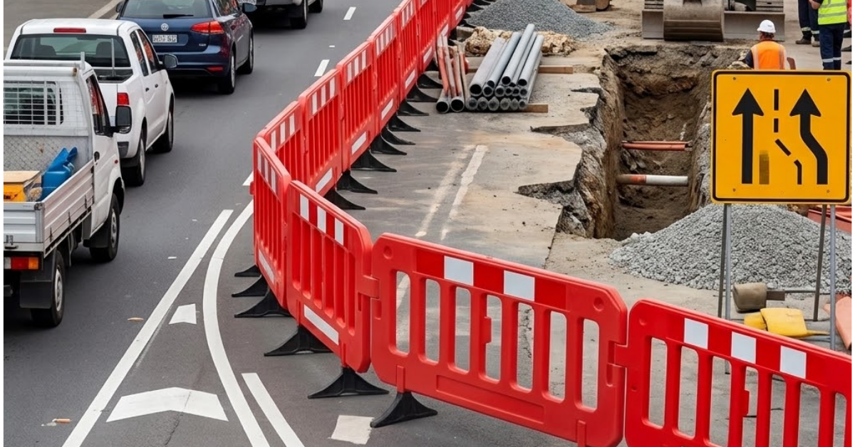Red safety barriers around roadside excavation works with a traffic diversion sign.