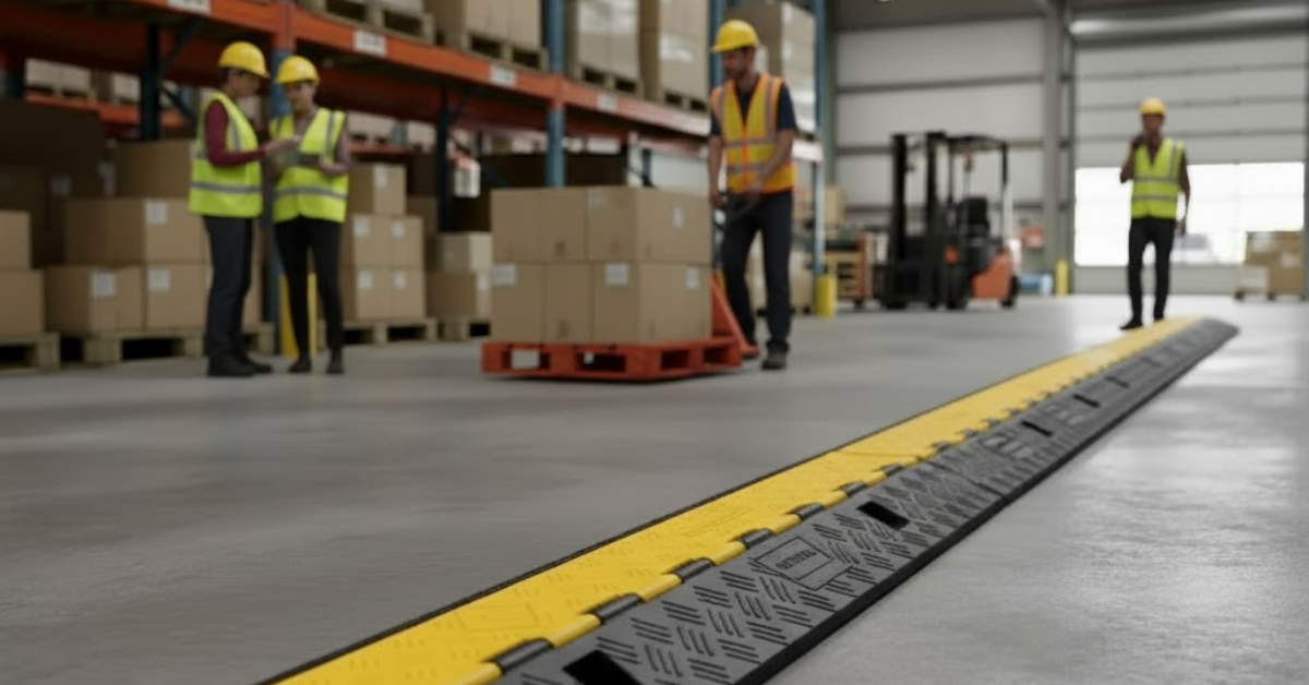Yellow and black cable protector ramp on the floor. Workers and a forklift are visible in the background.