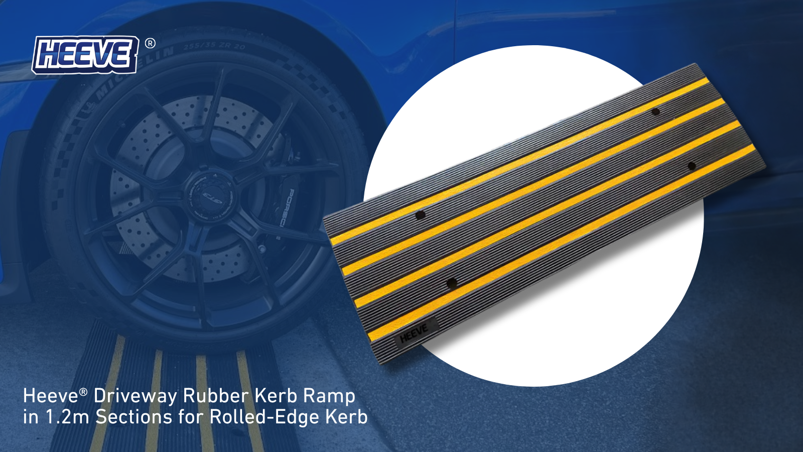 Product shot of the Heeve Driveway Rubber Kerb Ramp with yellow stripes next to a car tire, emphasizing its use for driveways.