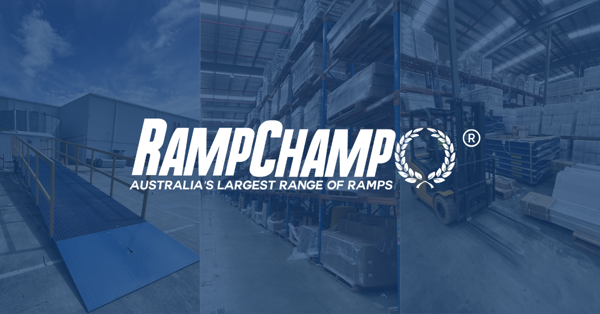 Blue-tinted image showing a loading ramp, warehouse shelves, and a forklift, overlaid with the white "RAMPCHAMP" logo