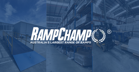 Blue-tinted image showing a loading ramp, warehouse shelves, and a forklift, overlaid with the white "RAMPCHAMP" logo