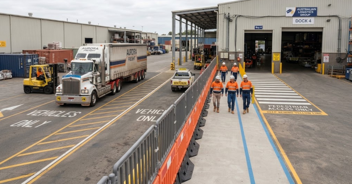 Truck, forklift and workers using separated traffic routes at an industrial worksite