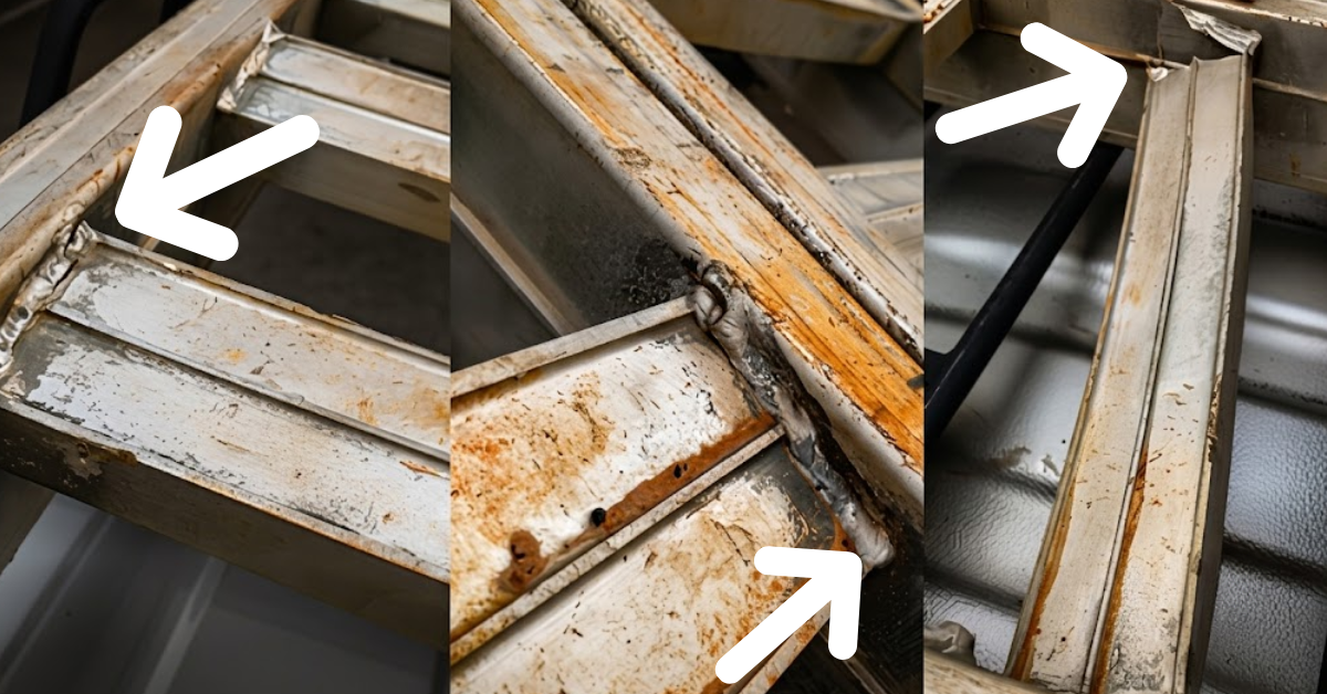Three close-up photos of a metal ramp with white arrows pointing to cracked structural welds and rust damage.