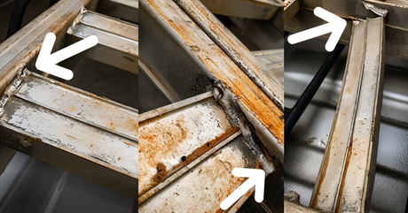 Three close-up photos of a metal ramp with white arrows pointing to cracked structural welds and rust damage.