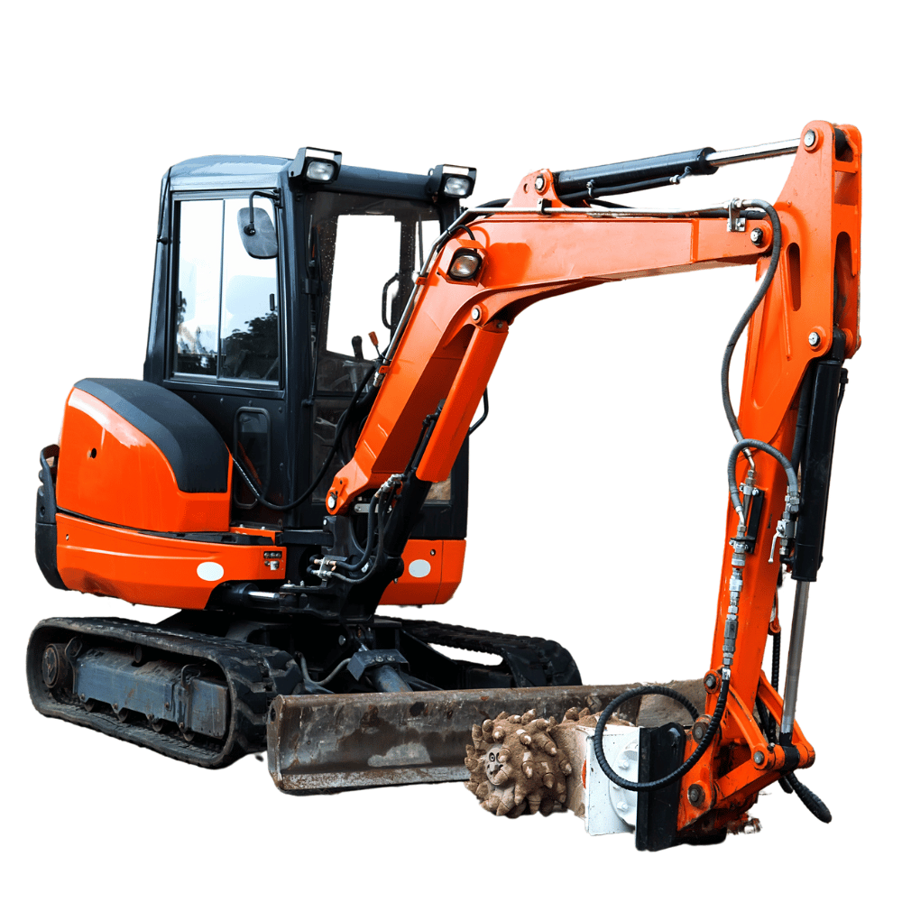 Excavator loading ramps logo with orange mini excavator front side view