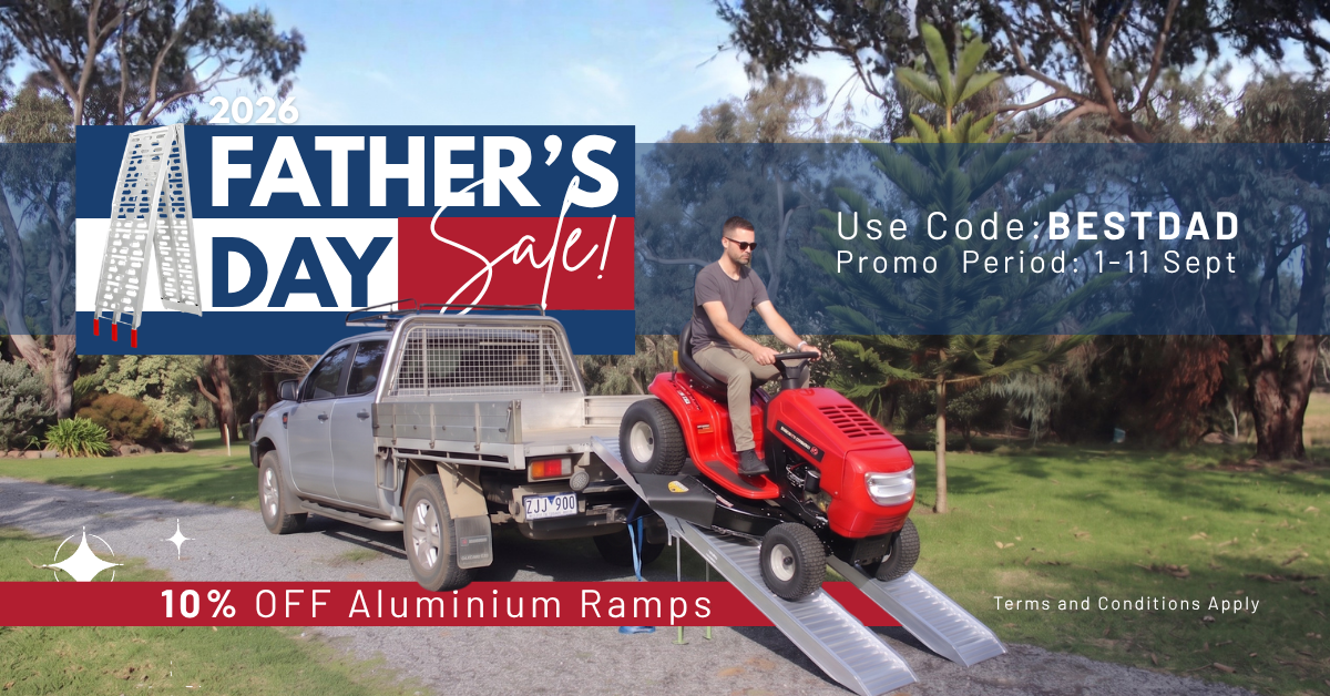 A Father's Day Sale ad shows a man riding a red lawn mower up aluminium ramps onto a ute bed. Code BESTDAD gives 10% off.