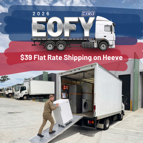 Image shows a 2026 Heeve EOFY promo for $39 flat rate shipping  with trucks and a man loading a ramp.