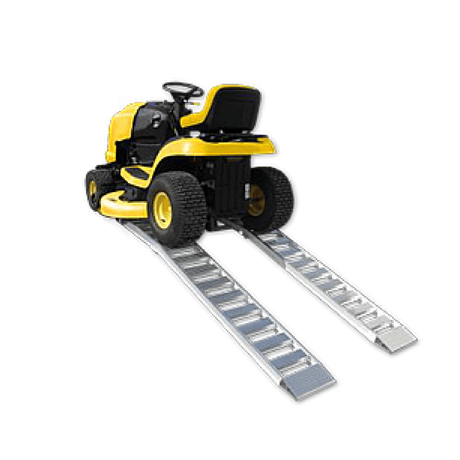 Yellow lawn mower on aluminium loading ramps