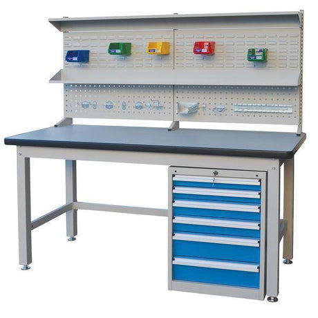 workshop bench with drawers and tool area