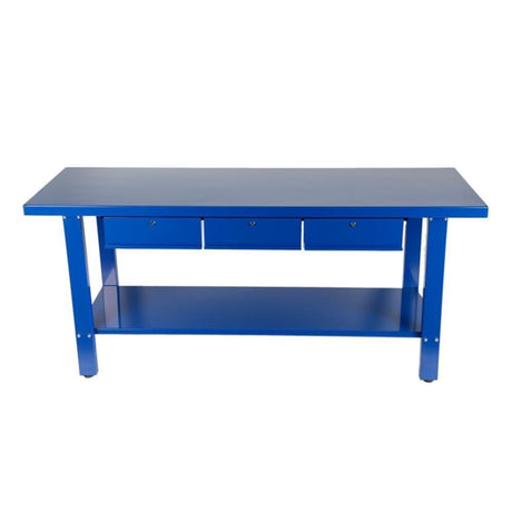 blue steel workbench with three draws