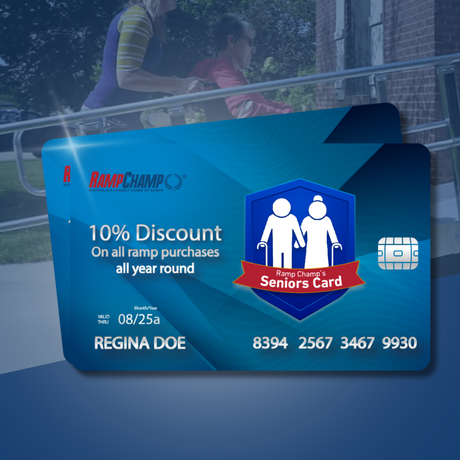 promotional card titled "Ramp Champ's Seniors Card." The card prominently advertises a 10% discount on all ramp purchases throughout the year