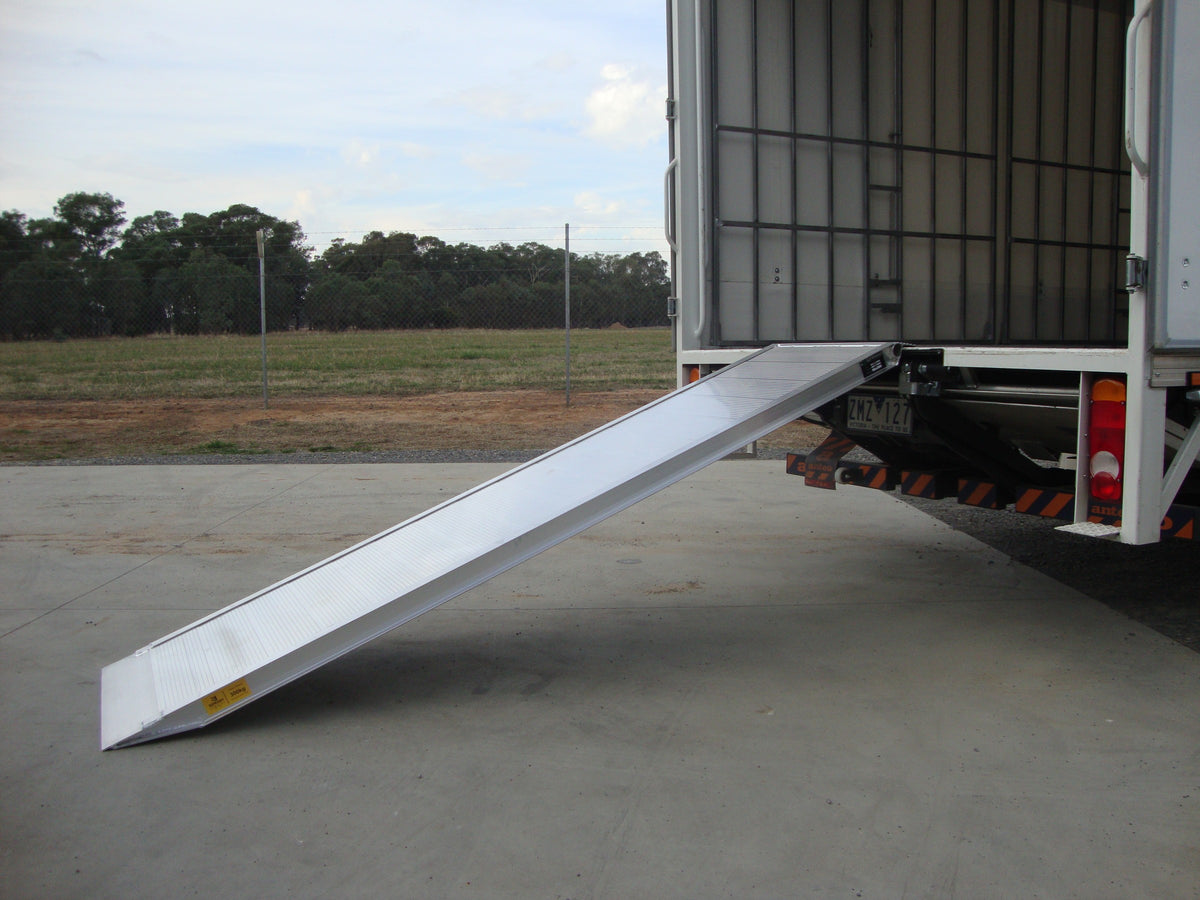 Sureweld aluminium removalist walk board ramp set up from the back of a pantech truck to the ground