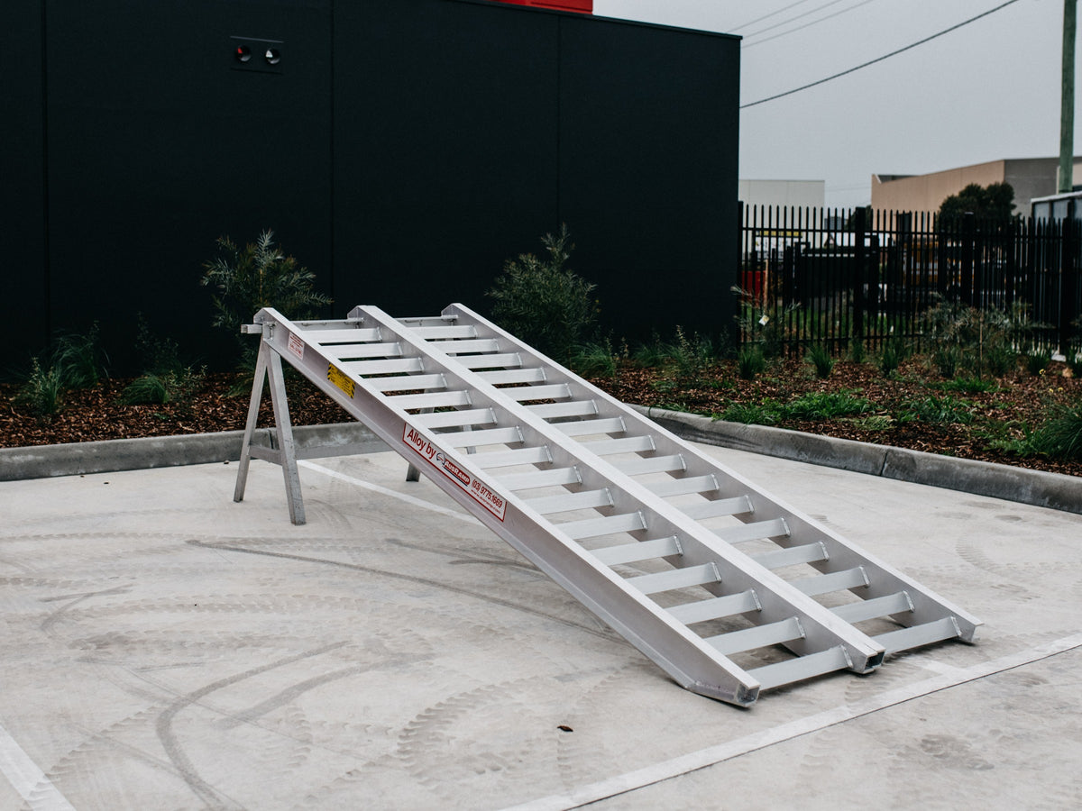 AusRamp 5-tonne aluminium loading ramps, pair set up on a stand