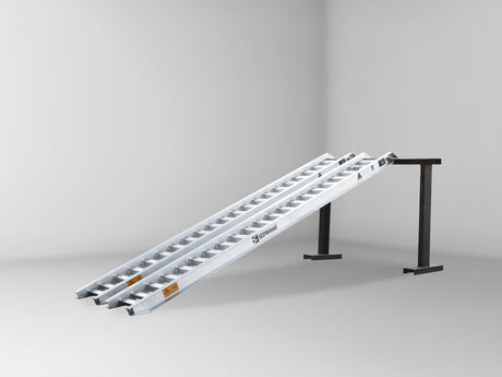 Sureweld 3-Tonne 2.9m x 400mm Rubber Series Aluminium Loading Ramps, pair, on stands