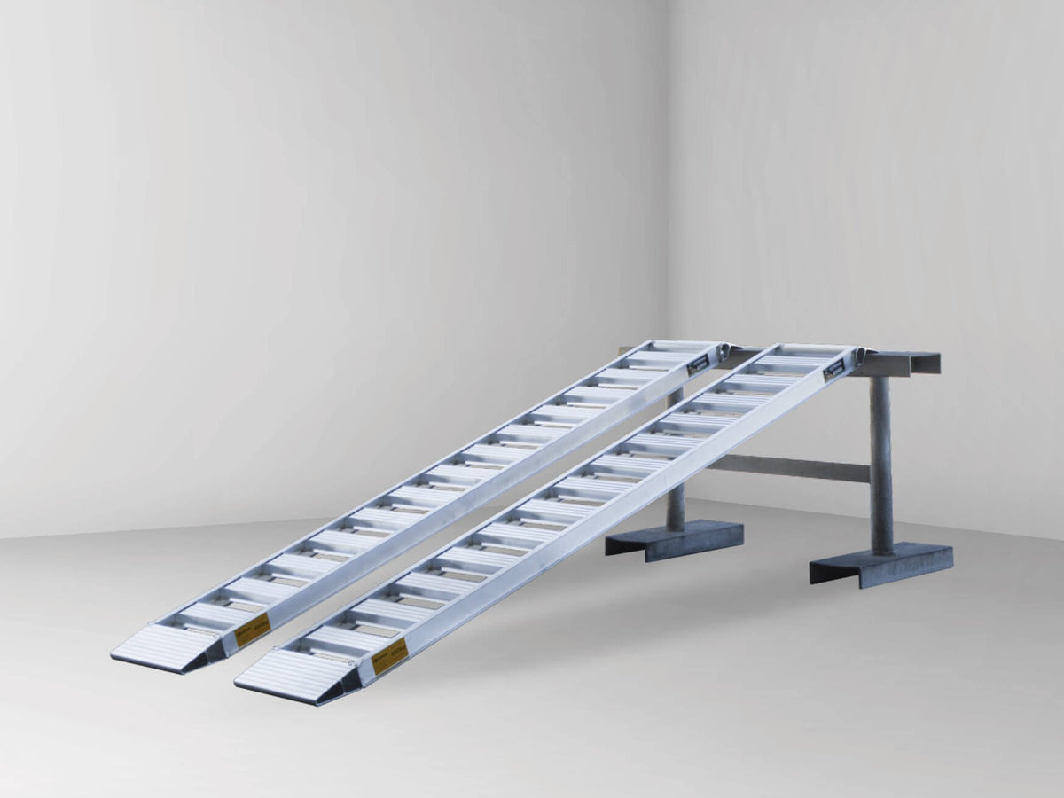 Sureweld 2.1m x 450kg Rigid Aluminium Loading Ramps, pair, on stands