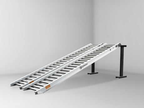 Sureweld 3.6-Tonne 3.5m x 450mm Rubber Series Aluminium Loading Ramps, pair, on stands