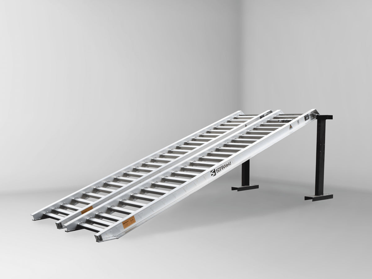 Sureweld 4-Tonne 4m x 510mm Rubber Series Aluminium Loading Ramps, pair, on stands