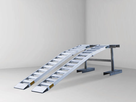 Sureweld 2.1m x 450kg Curved Foldable Aluminium Loading Ramps, pair, on stands