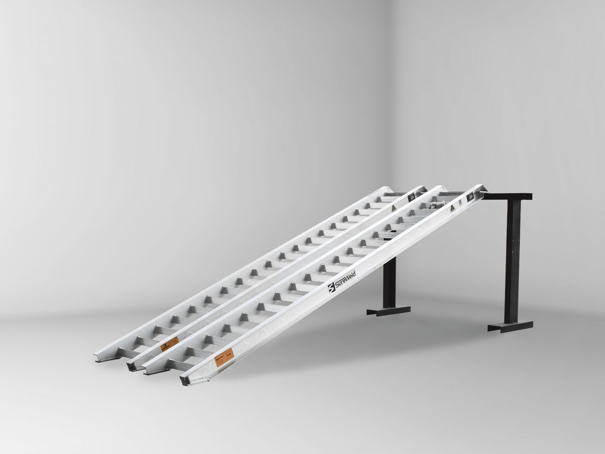 Sureweld 3.6-Tonne 3.5m x 500mm Track Series Aluminium Loading Ramps, pair, on stands