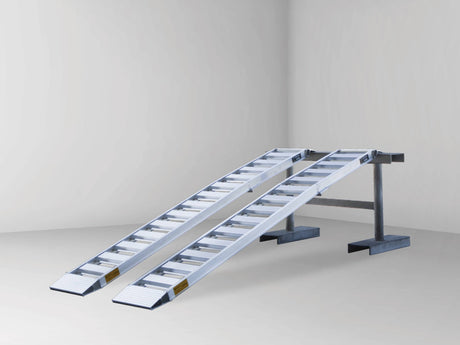 Sureweld 2.1m x 450kg Foldable Aluminium Loading Ramps, pair, on stands