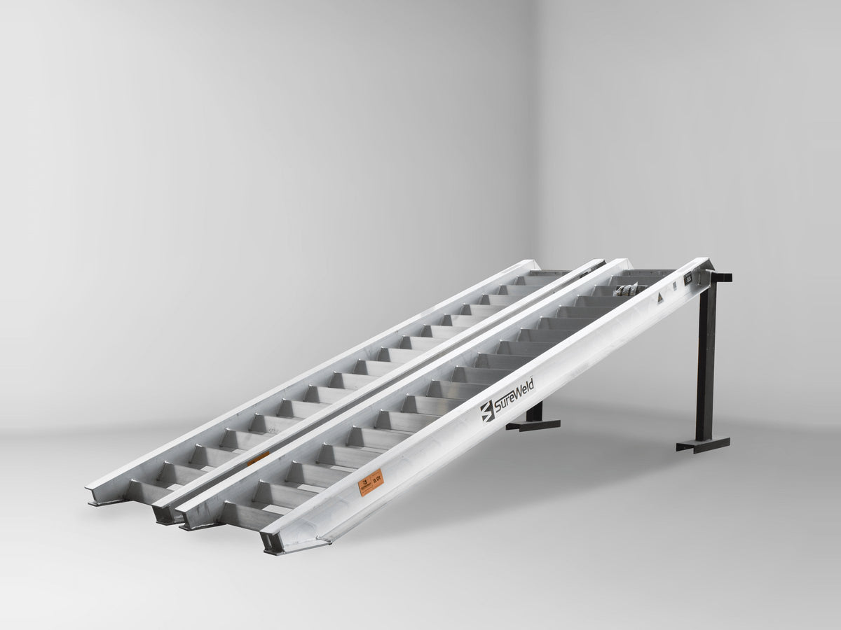 Sureweld 9-Tonne 3.7m x 640mm Track Series Aluminium Loading Ramps, pair, on stands