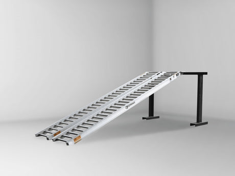 Sureweld 1.5-Tonne 3.3m x 440mm Rubber Series Aluminium Loading Ramps, pair, on stands