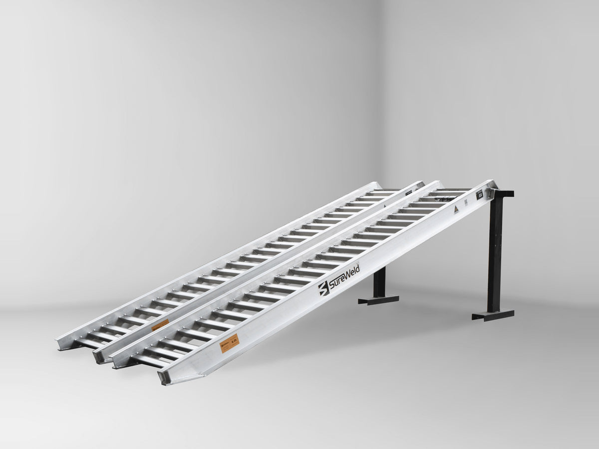Sureweld 6-Tonne 3.6m x 600mm PT Series Aluminium Loading Ramps, pair, on stands