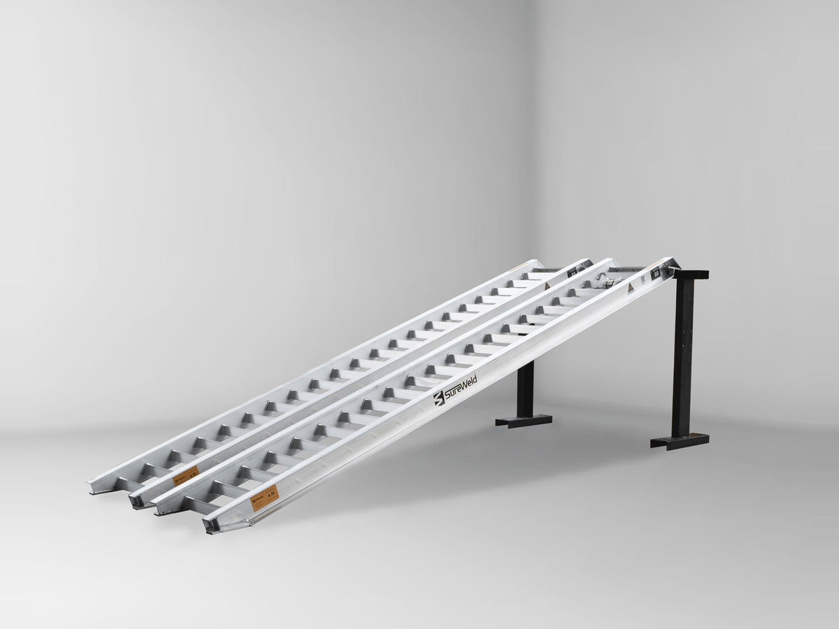 Sureweld 4.5-Tonne 3.6m x 510mm Track Series Aluminium Loading Ramps, pair, on stands