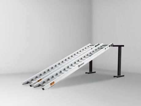 Sureweld 3-Tonne 3.3m x 450mm Track Series Aluminium Loading Ramps, pair, on stands